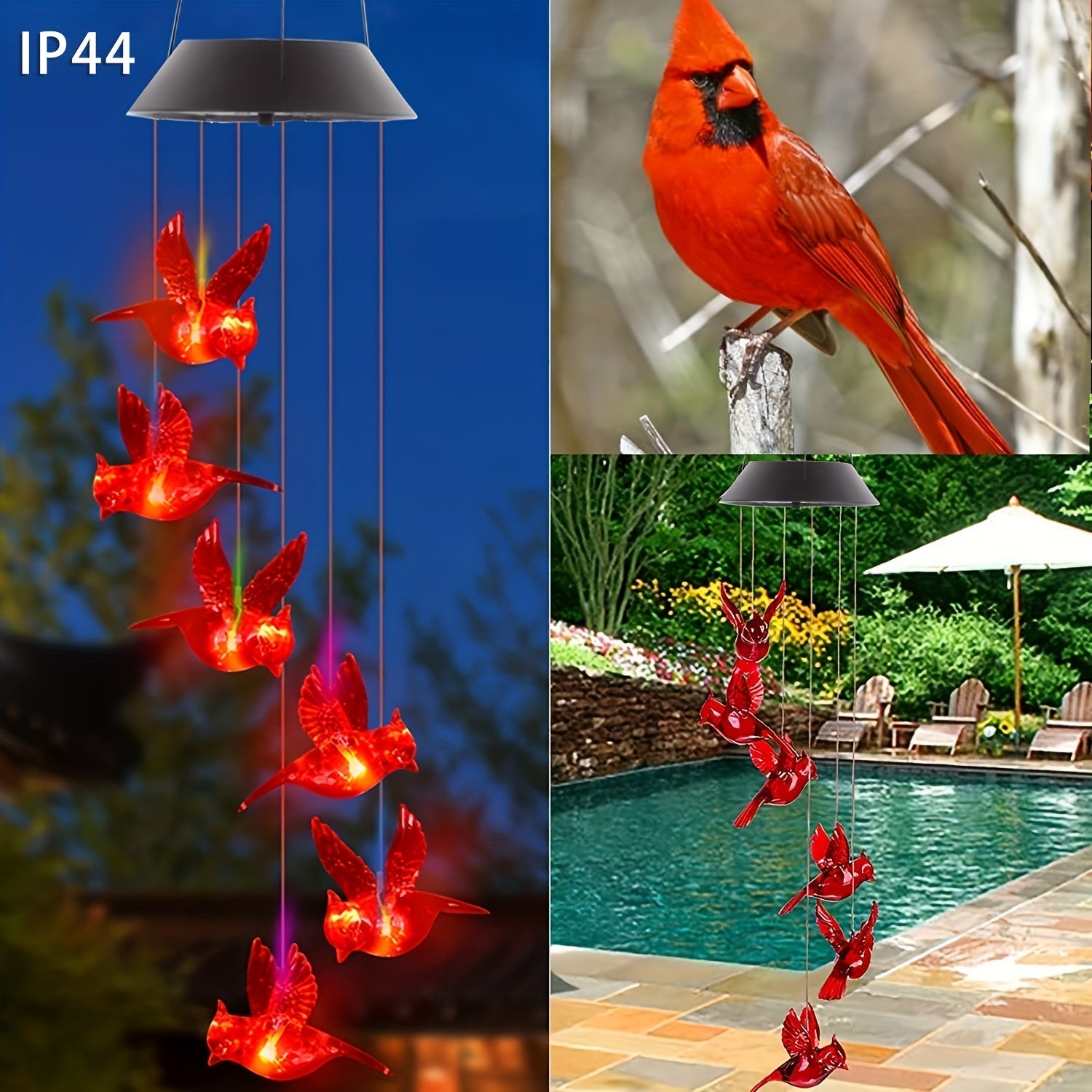 1 pieza de luz de viento de pájaro rojo solar - 6 aves de llama LED, transición colorida, plástico ABS duradero, ideal para jardín, patio y decoración del hogar - Fácil de colgar con gancho metálico en forma de S, regalo perfecto para entusiastas de exte