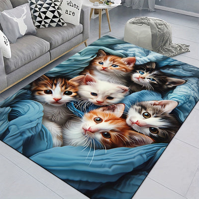 1pc Alfombra de Área con Diseño de Gatito Adorable - 8mm de Grosor, Poliéster Suave, Lavable a Máquina - Perfecta para Cocina, Sala de Estar, Dormitorio - Alfombra Decorativa para Interiores con Tonos Azules