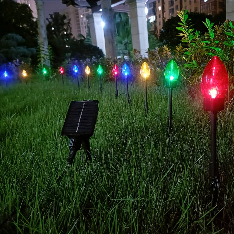 Un Juego de Doce Luces Decorativas Solares C9 para Exteriores, Decoración Navideña de Césped con Enchufe de Tierra, Luces de Colores con 12LED