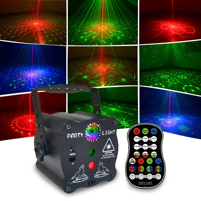 Proyector de Láser para Fiestas GOLDACE con 120 Efectos, Cambio de Color RGBW por Sonido, Control Remoto y Alimentación USB para Decoraciones Navideñas en Casa o Clubes, Decoraciones de Fiesta Disco
