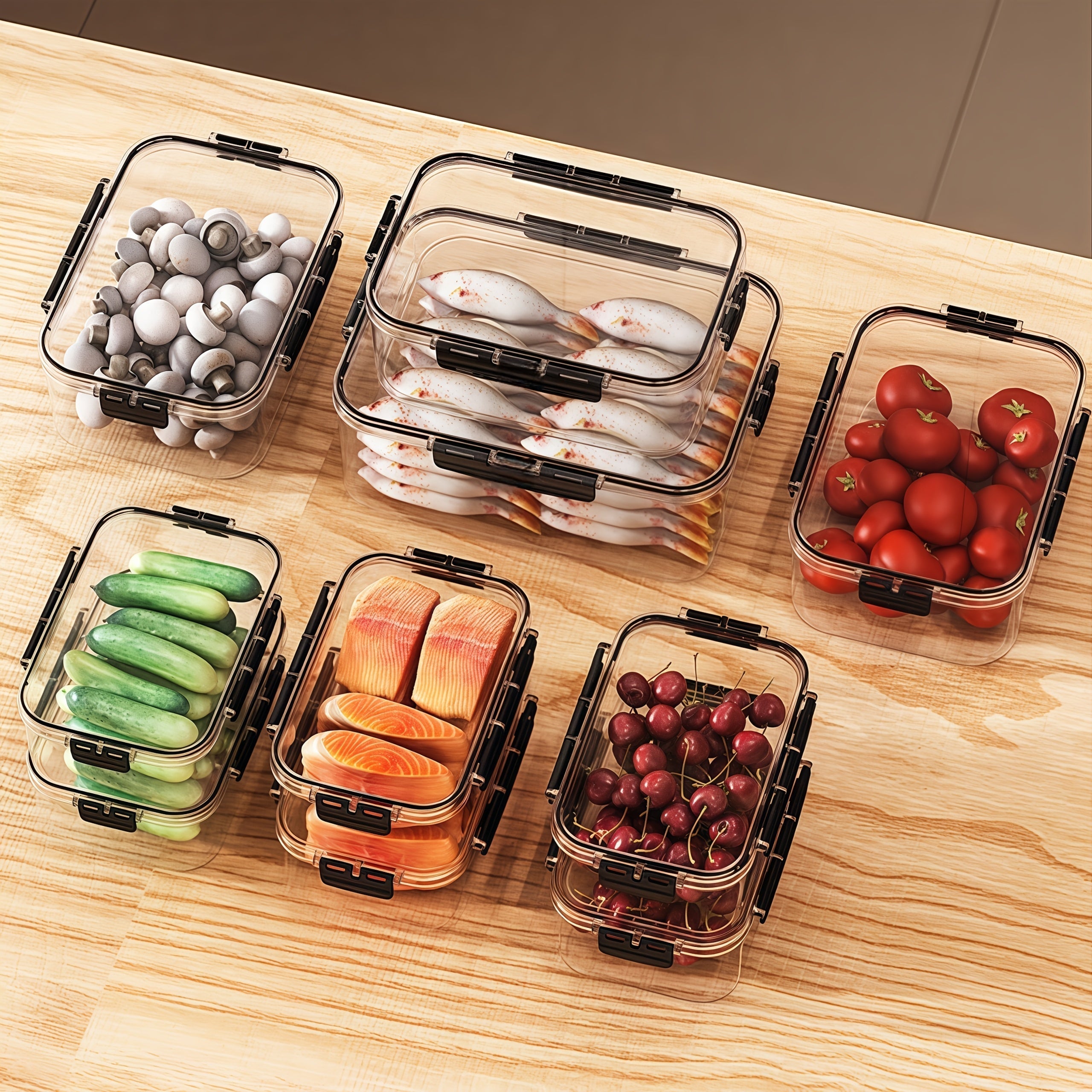 Juego de 3 Piezas de Contenedores para Refrigerador de Tres Tamaños, Recipientes Transparentes de Material Acrílico Premium Sellados, Aptos para Frutas, Verduras, Carne, Granos y Más, Cajas Multifuncionales para Conservación del Alimento en el Hogar
