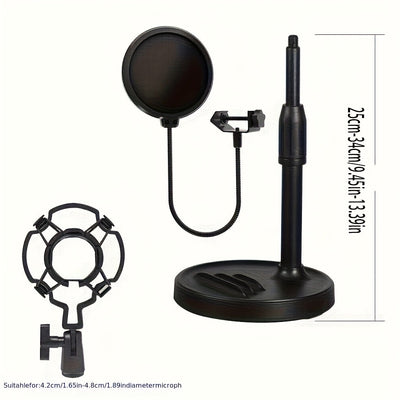Soporte de micrófono de escritorio negro de ABS con soporte para teléfono, base pesada, filtro popular, amortiguador de choques, abrazadera de micrófono - Ideal para estudio de grabación en casa, configuración de grabación en casa | Soporte de micrófono