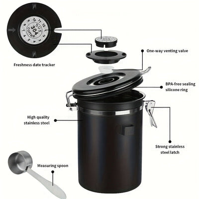 Contenedor Hermético de Acero Inoxidable Reforzado 304 Mejorado por Faridabio con Cuchara - Ideal para Granos de Café, Té y Arroz - Con Válvula de Escape Unidireccional para Mantener el Café Fresco Más Tiempo, Perfecto para Uso en Casa y Oficina