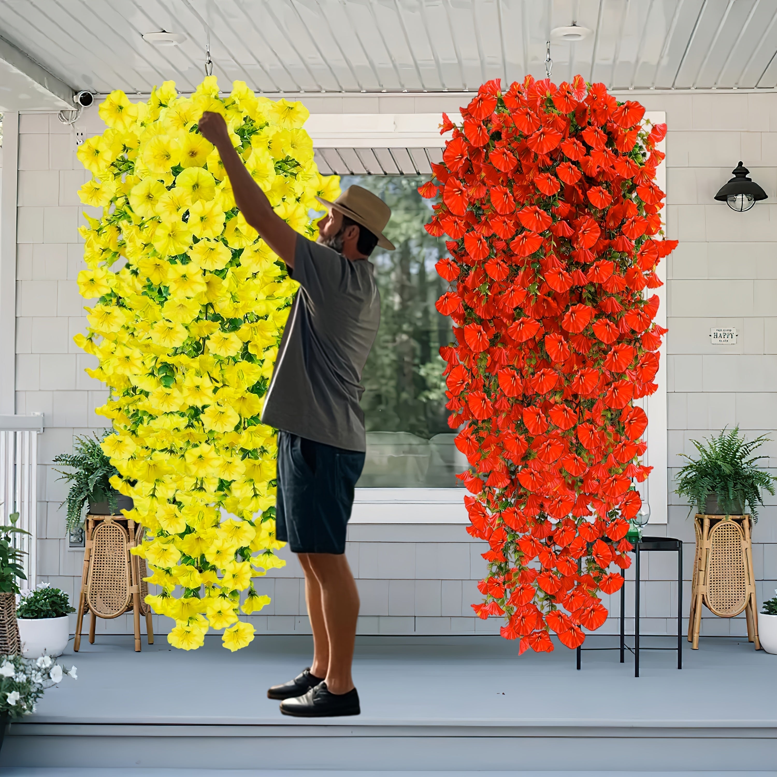 4 Juegos de Flores Artificiales Grandes para Exteriores - Arreglos Florales Realistas Resistentes a los Rayos UV, Decoración Colgante Ombre Amarillo a Rojo para Bodas, Fiestas, Jardín y Sala - Sin Mantenimiento, Batería No Necesaria, Decoración Todo el A