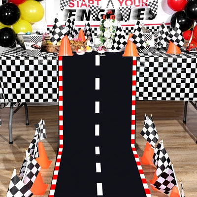 1pc, Tela de pista negra y blanca, 60*250 cm, corredor de poliéster inspirado en pistas de carreras, decoración para fiestas de cumpleaños, decoración para eventos y reuniones deportivas con tema de carreras, alfombra de pista deportiva para fiestas con