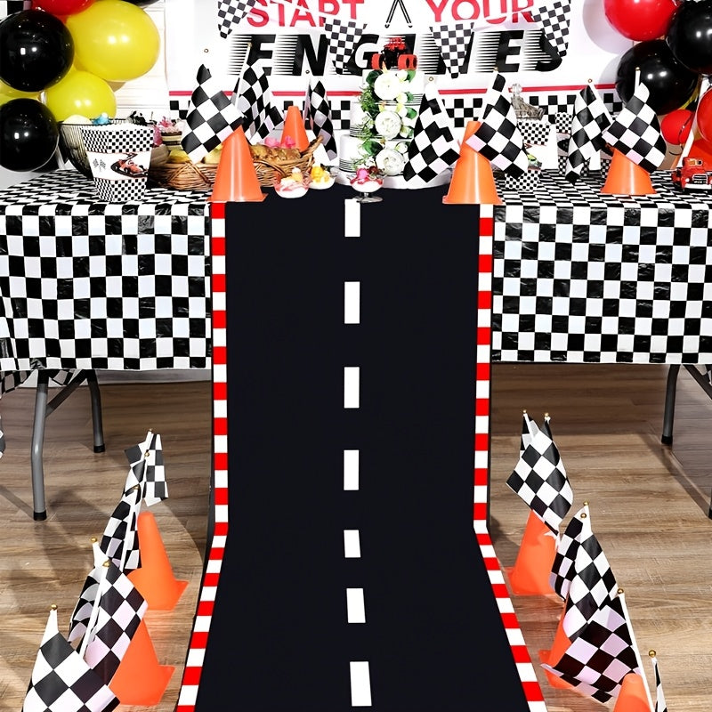 1pc, Tela de pista negra y blanca, 60*250 cm, corredor de poliéster inspirado en pistas de carreras, decoración para fiestas de cumpleaños, decoración para eventos y reuniones deportivas con tema de carreras, alfombra de pista deportiva para fiestas con