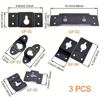 3 piezas de ganchos de pared de hierro negro de alta resistencia - Diseño de llave de tamaño múltiple para altavoces, guitarras, relojes y más - Montaje seguro con tornillos, instalación fácil, ganchos de pared para altavoces, montaje de pared resistente