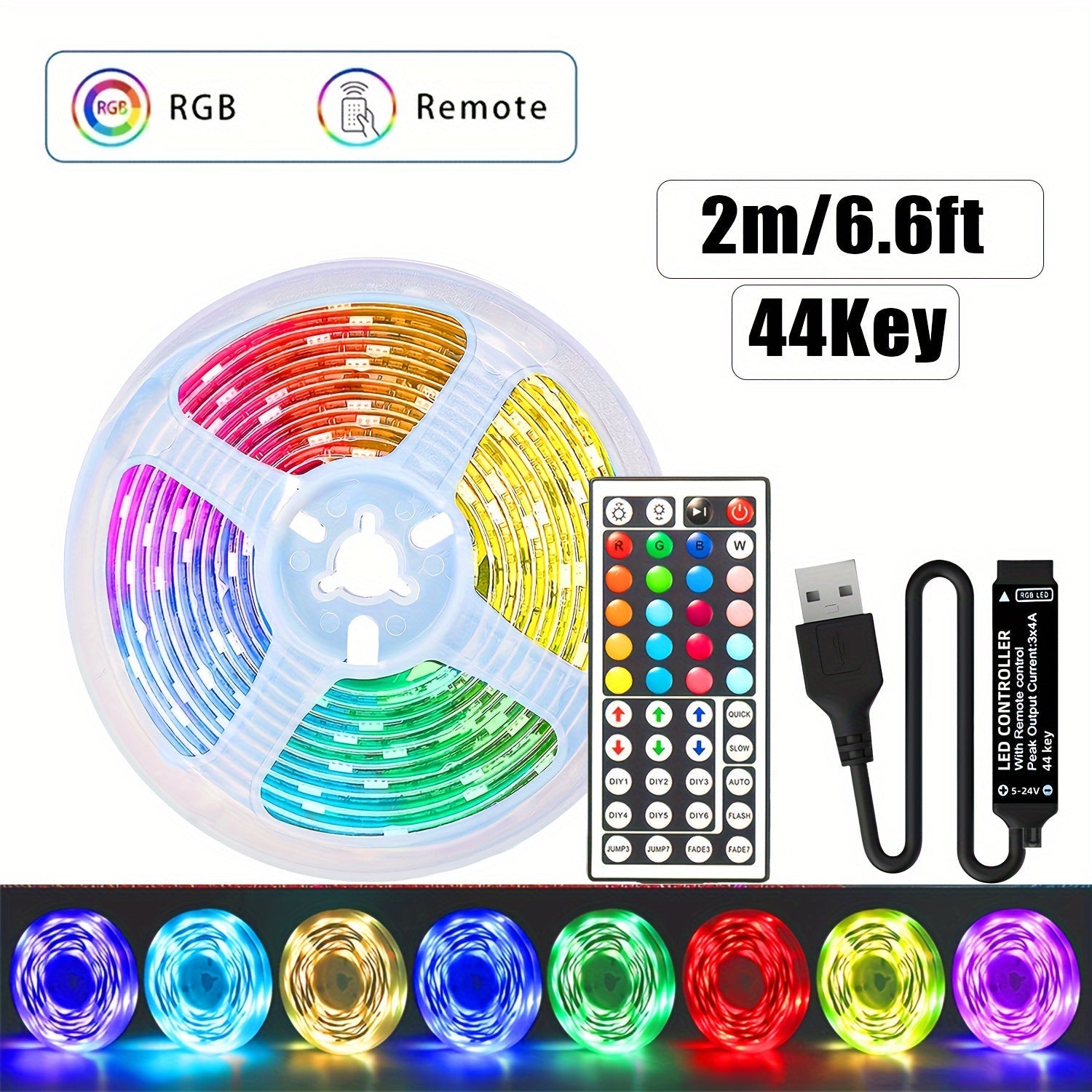 Tira de luces LED RGB de carga USB 5V 3535 con 44 teclas, fuente de alimentación USB FÁCIL de INSTALAR, cambio de color RGB con fuente de alimentación de 5V, luces LED RGB adecuadas para iluminación de escenario, decoración del hogar, fiestas y festivale