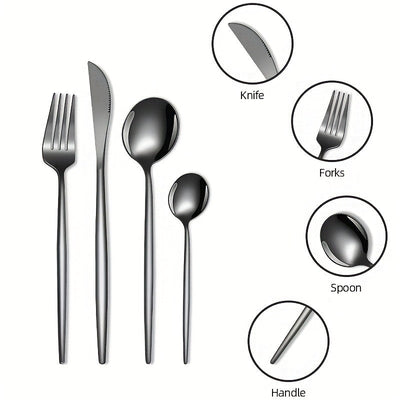 Juego de Cubiertos Elegantes de Acero Inoxidable Negro de 16 Piezas - Incluye Cuchillos para Bistec, Tenedores de Cena, Cucharas para Sopa y Postre - Diseño Elegante para Uso Doméstico y en Restaurantes