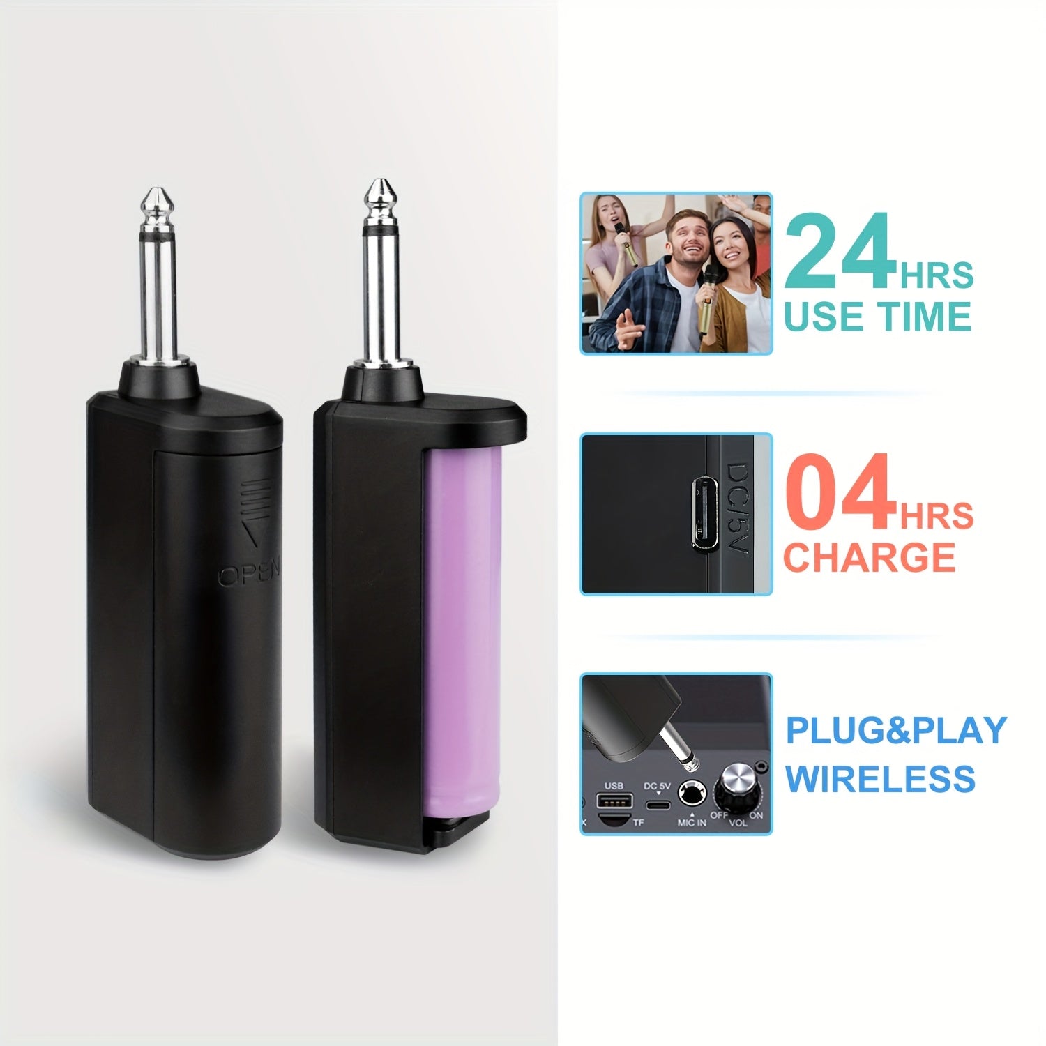 Sistema de micrófonos inalámbricos Heikuding 2 en 1 con batería recargable, tecnología inalámbrica 2.4GHz, carga USB-C, conector de 6.35mm, 2 canales, diseño 1T2 para presentaciones en vivo y grabación, micrófono inalámbrico para presentaciones en vivo,