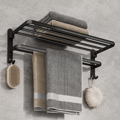 Porta toallas plegable de 50 cm, color negro mate, con gancho, montaje en pared, aluminio, soporte utilitario