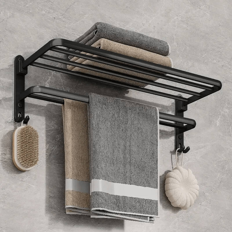 Porta toallas plegable de 50 cm, color negro mate, con gancho, montaje en pared, aluminio, soporte utilitario