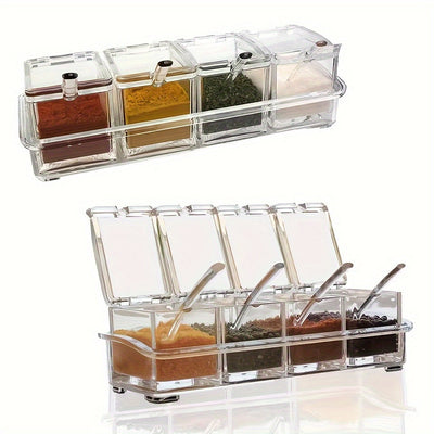 1 caja de condimentos transparente, juego de 4 contenedores de almacenamiento de condimentos con cuchara, estante de condimentos transparente, ollas de especias para pimienta, especias.