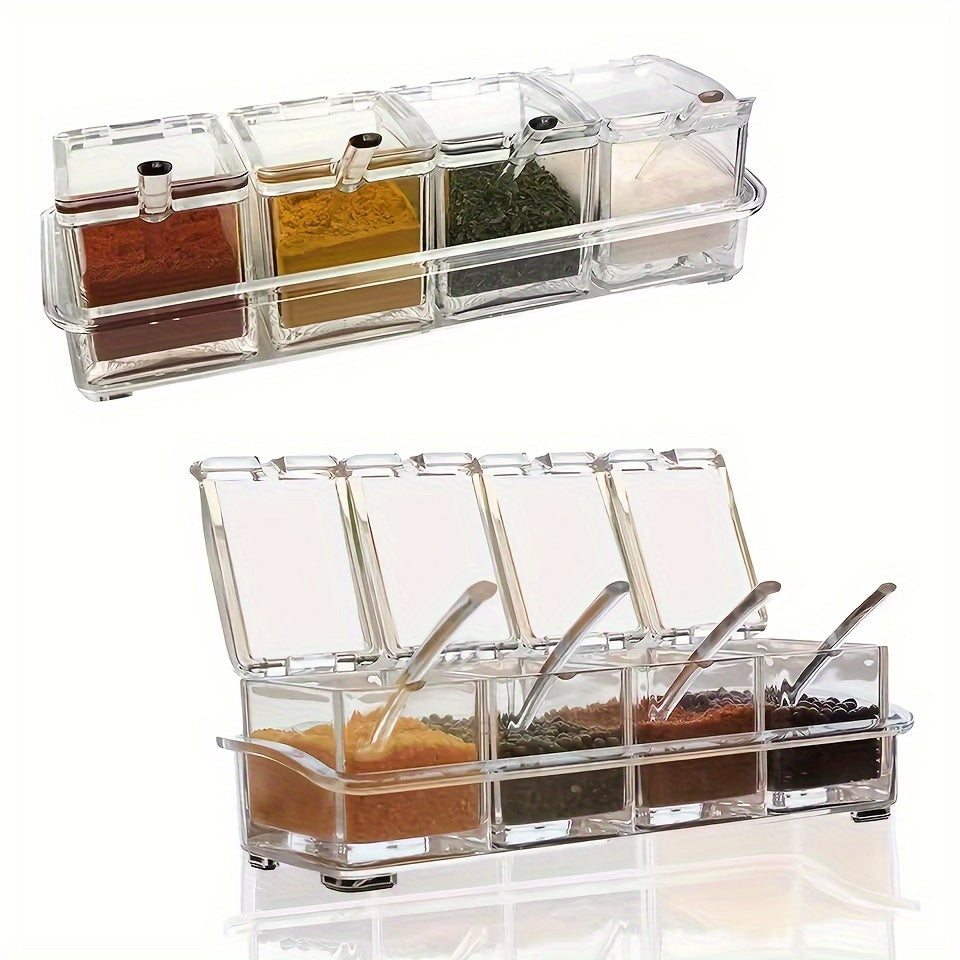 1 caja de condimentos transparente, juego de 4 contenedores de almacenamiento de condimentos con cuchara, estante de condimentos transparente, ollas de especias para pimienta, especias.