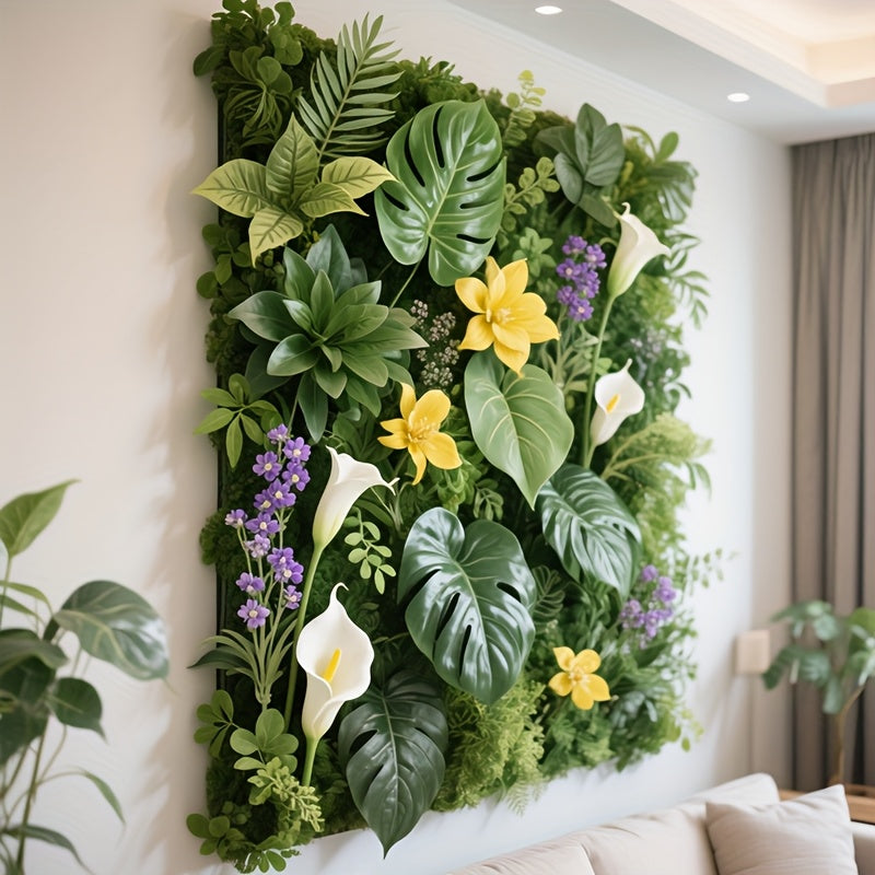 41.91cm a 61.98cm - Panel de muro de vegetación exuberante con flores y follaje vibrantes - Diseño de valla de madera natural, pantalla de privacidad para interiores y exteriores, perfecto para hogar, oficina, bodas y decoración estacional, césped artifi