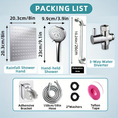 Cabezal de ducha fijo de acero inoxidable con 5 funciones, ideal para baños, incluye ducha de mano, barra de ducha, válvula desviadora, manguera y barra de extensión