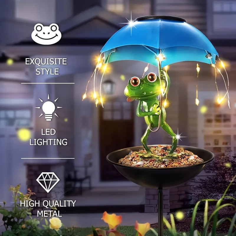 1pc estatua de rana paisajística con lámpara solar para calle, comedero para pájaros al aire libre, decoración de jardín con cadena LED, bebedero para colibríes, adecuado para caminos de patio y céspedes (comida no incluida)