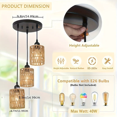 Lámpara Colgante de Ratán con 3 Luces y Pantalla Tejida a Mano - Decoración Moderna Estilo Granja para Comedor, Isla de Cocina, Sala de Estar y Dormitorio, Acabado Metálico Pulido, Montaje Semiempotrado, Luces para Isla de Cocina | Luz al Estilo Bohemio