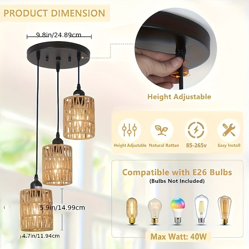 Lámpara Colgante de Ratán con 3 Luces y Pantalla Tejida a Mano - Decoración Moderna Estilo Granja para Comedor, Isla de Cocina, Sala de Estar y Dormitorio, Acabado Metálico Pulido, Montaje Semiempotrado, Luces para Isla de Cocina | Luz al Estilo Bohemio