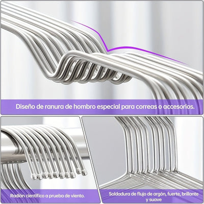 Conjunto de 20 Perchas Metálicas Premium - Antideslizantes, Resistentes y Antióxido, Acero Inoxidable con Acabado Pulido, Ranuras Mejoradas para el Hombro para Organización del Armario, Estantería Ahorradora de Espacio para Abrigos, Vestidos y Más, Ideal