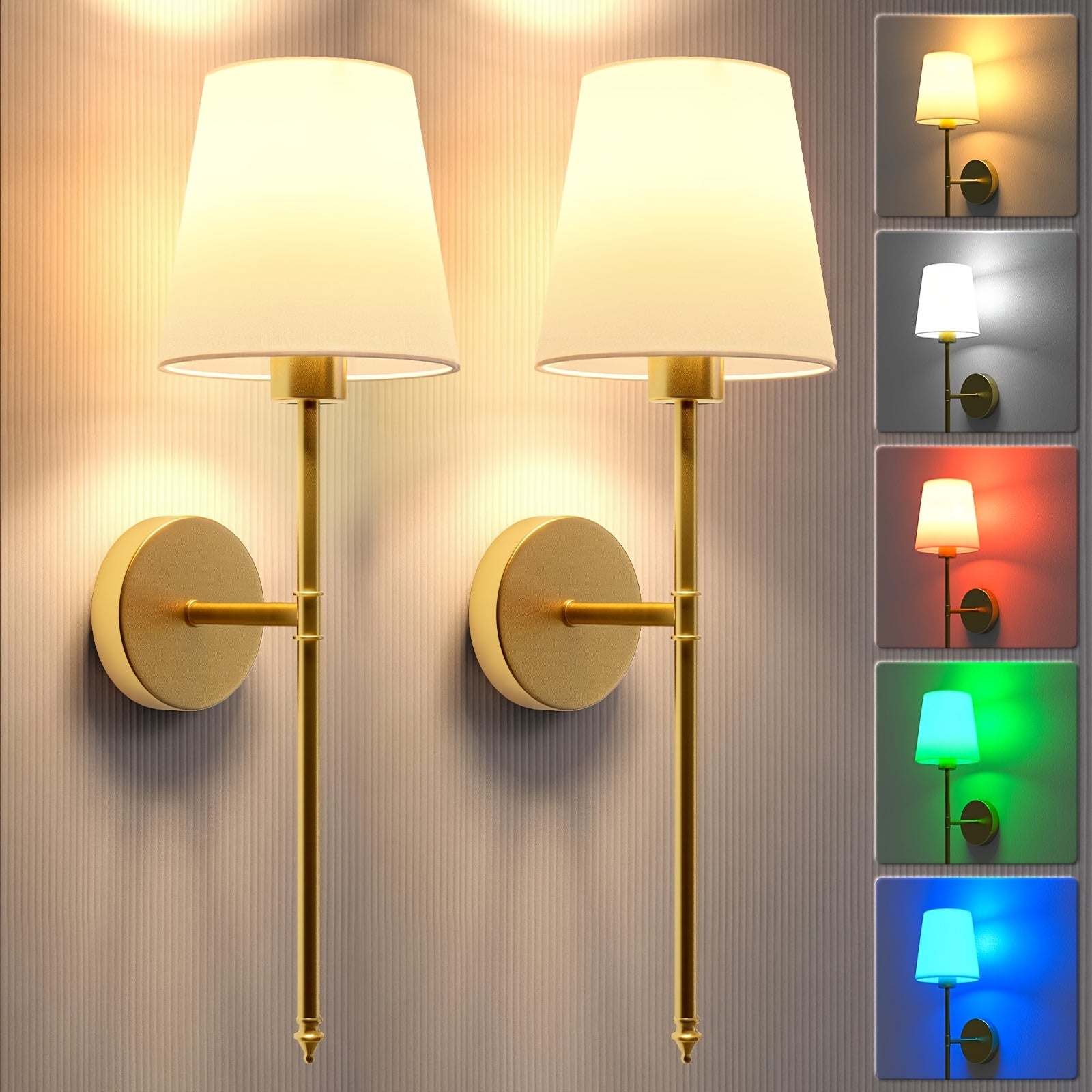 2 Paquetes de Apliques con Batería: Juego de 2 Luces Inalámbricas para Pared con Control Remoto - Lámpara Recargable de 10 Colores Dorado/ para Dormitorio y Pasillo, Decoración para Sala