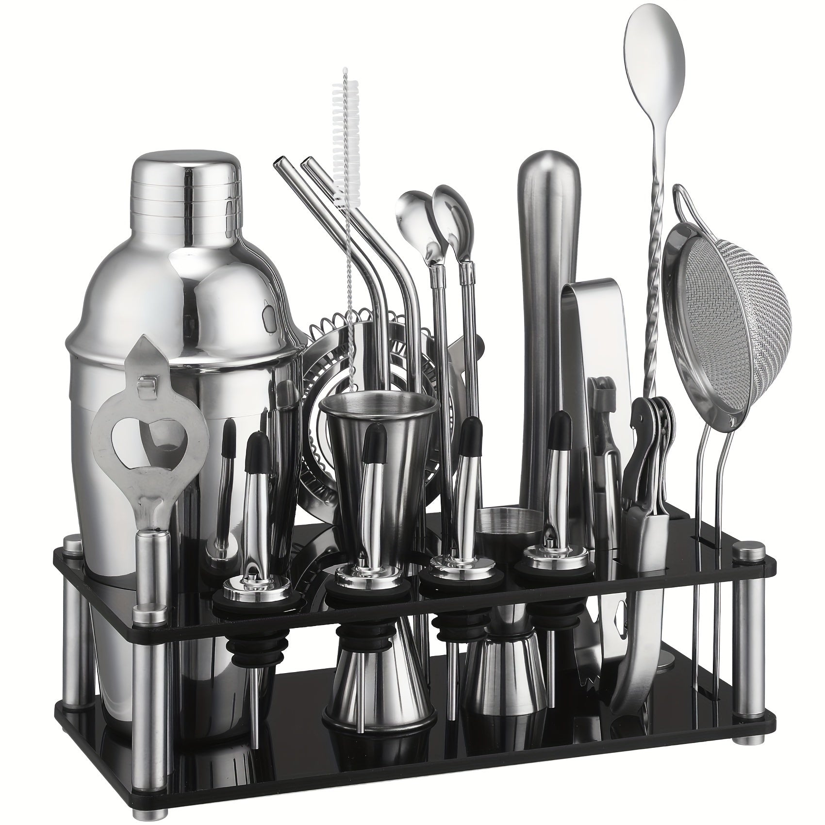 20 piezas Juego de Mixología de Acero Inoxidable con Shaker, Colador, Muddler, Jigger, Cuchara, Filtro de Hielo, Abrebotellas, Salidas de Vino y Soporte de Herramientas de Acrylic - Kit de Barman Completo