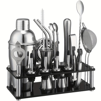 20 piezas Juego de Mixología de Acero Inoxidable con Shaker, Colador, Muddler, Jigger, Cuchara, Filtro de Hielo, Abrebotellas, Salidas de Vino y Soporte de Herramientas de Acrylic - Kit de Barman Completo