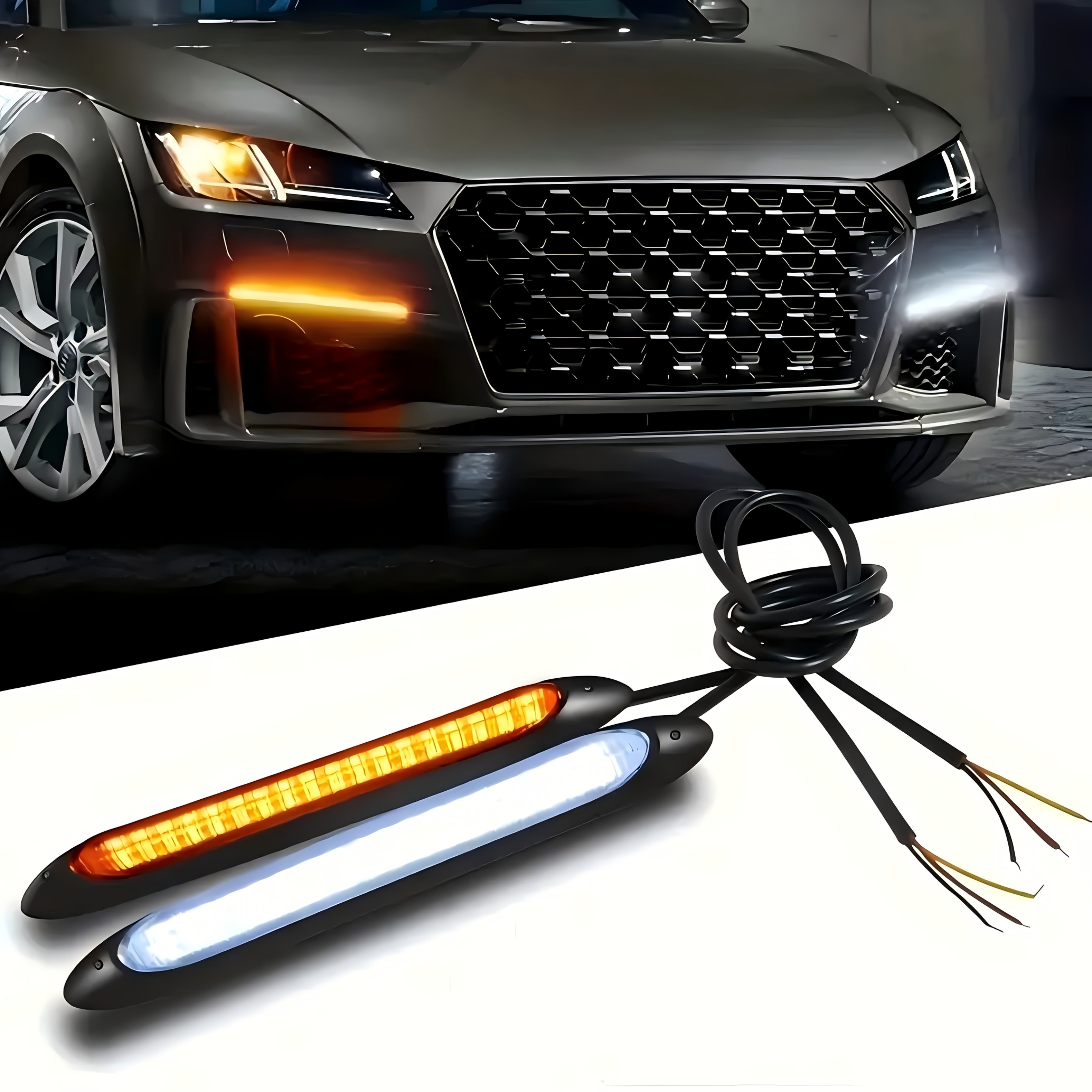 Conjunto de 2 Luces Decorativas LED para Coche con Efecto de Escaneo, Luz de Ambiente, Rejilla y Cinturón de Agua Fluyente en Dos Colores Blanco y Amarillo
