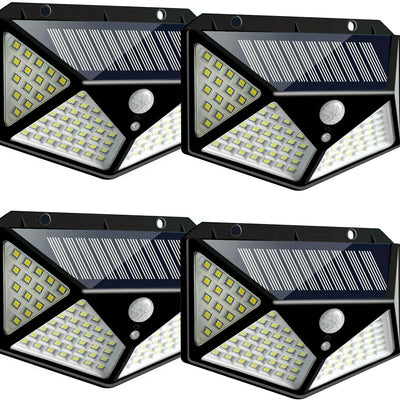 Luces solares para exteriores [100 LED / 3 modos de operación], lámpara de seguridad solar con sensor de movimiento, ideal para jardín, cerca, patio, cochera y terraza
