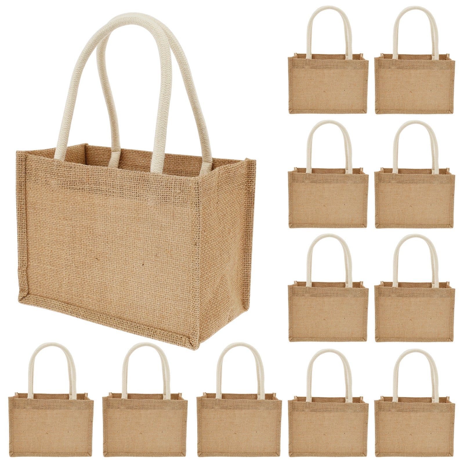 12 bolsas de yute mini, bolsas de playa de yute con asas, bolsas de compras reutilizables, bolsas de regalo de yute, bolsas multiusos para viajes, playa, escuela y actividades al aire libre