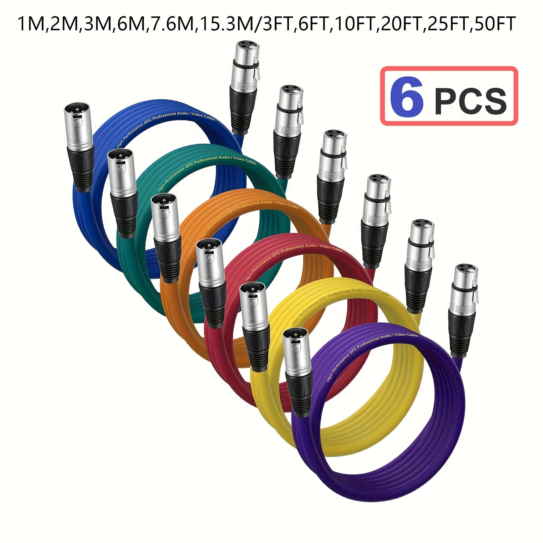 Cables XLR, Cable de Micrófono con Parche de Color en PVC para Macho a Hembra XLR, Cables Balizados de 3 Pines DMX para Mezclador de Audio y Sistema de Altavoces (PVC, paquetes de 6 colores)