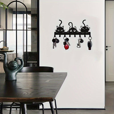 1pc Soporte para llaves con diseño de gato, soporte de pared de hierro forjado, organizador de llaves de estilo informal, con fácil instalación para el hogar, la sala de estar y el dormitorio.