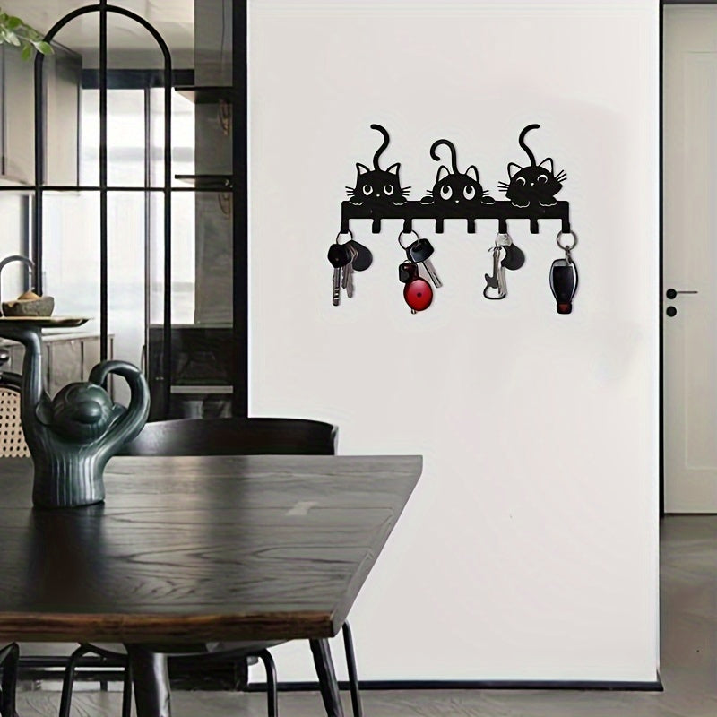1pc Soporte para llaves con diseño de gato, soporte de pared de hierro forjado, organizador de llaves de estilo informal, con fácil instalación para el hogar, la sala de estar y el dormitorio.