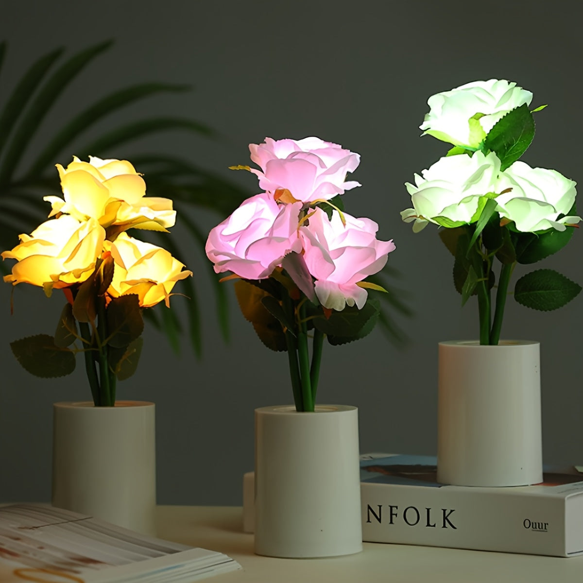 1pc Luz Nocturna Realista de Rosa Floral - Ramo LED en Rosa/Blanco, Funciona con Pilas AAA (No Incluidas) - Decoración para Mesa, Iluminación para Bodas/Fiestas/Escenarios - Baja Tensión Segura, Regalo Ideal para Cumpleaños/Nadal o Eventos, Ambiente Enca