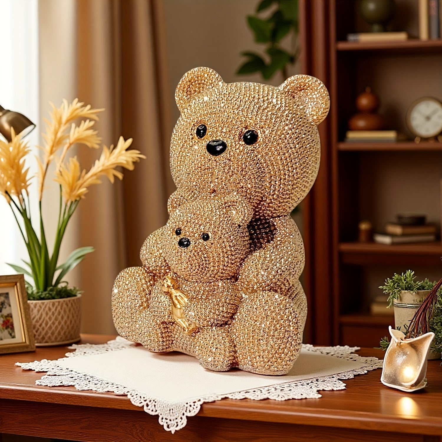 1pc Estatuilla de Oso Dorado Brillante Madre y Bebé | Decoración Animal Adorable | Regalo para el Hogar o Mamá