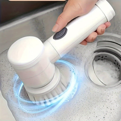 Cepillo giratorio 5 en 1 con 5 cabezas intercambiables - Cepillo de mano inalámbrico, limpiador de ducha y cocina recargable para baño, bañera, azulejos y ducha - Portátil, carga USB, batería de 500 mAh, cepillo de limpieza | Limpiador de cocina moderno