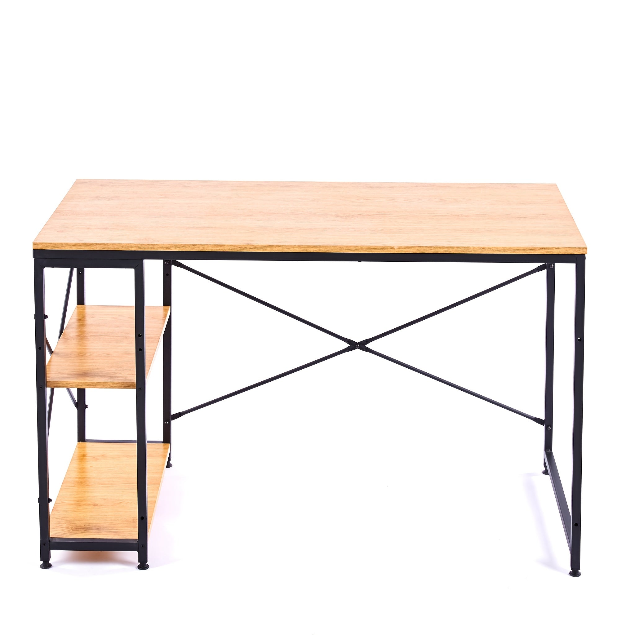 Escritorio moderno y minimalista con marco de metal y estantes laterales de almacenamiento - Fácil de limpiar, ideal para hogar, oficina, dormitorio, estudio, escuela y área de estudio de estudiantes, escritorio de computadora.