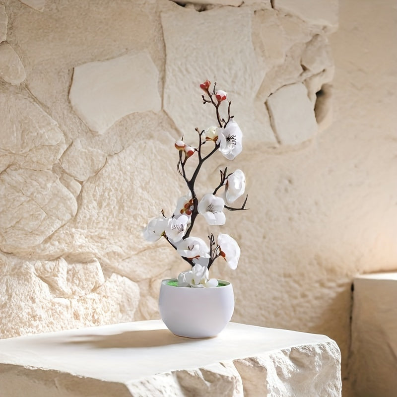 1pc Planta Artificial de Flor de Ciruelo Elegante en Maceta Blanca Falsa - Flores Realistas para Decoración de Hogar y Jardín, Ideal para Navidad, Halloween, Pascua, Acción de Gracias, Día de la Madre - No Necesita Energía, Contenedor Incluido