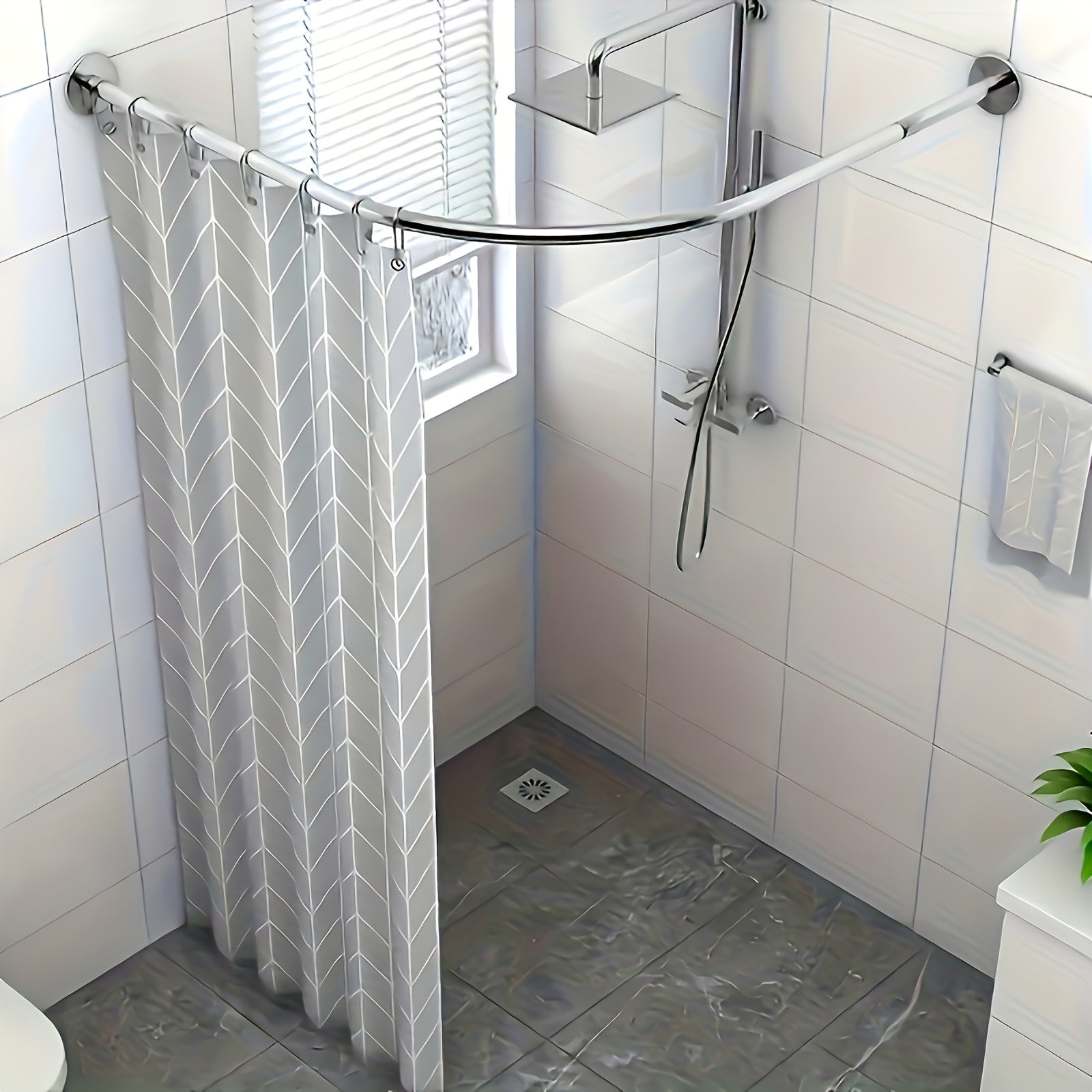 1pc Barra de Cortina de Esquina Ajustable sin Taladro - Organizador de Baño Montado en Pared, Acero Inoxidable Resistente al Óxido para Baño y Vestidor, Diseño Moderno, Acabado Metálico Elegante, Construcción Duradera