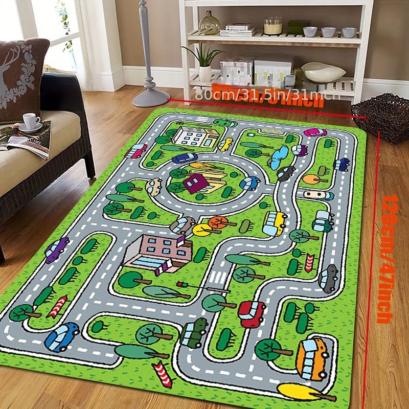 1 pieza de alfombrilla de juego temática de dibujos animados - Poliéster duradero y resistente a la decoloración, tamaño grande, diseño de bloques de carreteras y edificios coloridos para decoración de habitaciones de juego, salas de estar o dormitorios,