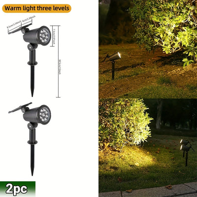 2 piezas de luces solares de 9 LED, IP65, impermeables, exteriores, RGB, solares, de paisaje, con brillo ajustable para jardines, patios, árboles, garajes, patios traseros, decoración de césped, farolas de calle, luces de foco.