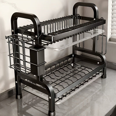 Estante de platos de cocina de acero inoxidable de 2 niveles con soporte para utensilios - Organizador de encimera que ahorra espacio para platos, tazas y cubiertos (pala, tablero no incluido) - Regalo perfecto para todos los 11 festivales