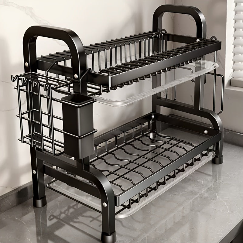 Estante de platos de cocina de acero inoxidable de 2 niveles con soporte para utensilios - Organizador de encimera que ahorra espacio para platos, tazas y cubiertos (pala, tablero no incluido) - Regalo perfecto para todos los 11 festivales