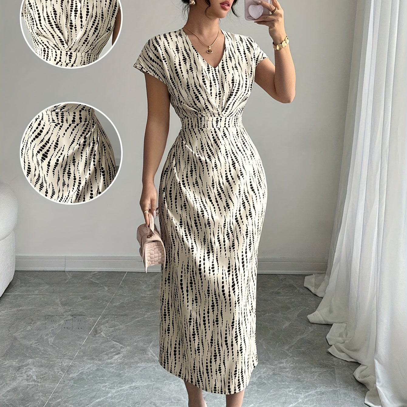 Vestido midi elegante retro floral para mujer - Cuello en V, manga corta, detalle de cremallera, perfecto para el trabajo y las vacaciones, ajuste para todas las estaciones, vestido casual | Estampado floral vintage | Vestido con detalle de cremallera