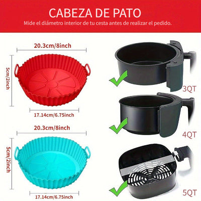 Una pieza de sartén de silicona para freidoras de aire, con un diseño plegable tridimensional. Esta bandeja redonda de silicona reutilizable de 8 pulgadas sirve como forro para hornear a alta temperatura.