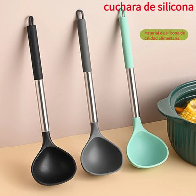 1 ud., cuchara grande de silicona, cuchara de silicona, mango de acero inoxidable para cuchara, cuchara grande, cuchara antiadherente para sartén, cuchara larga y resistente al calor para el hogar, cuchara de cocina