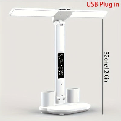Soporte de bolígrafo de 3 en 1 con doble cabeza, lámpara USB, lámpara de escritorio, luz nocturna, luz de lectura para estudios, luz ambiental decorativa, uso con enchufe USB, control táctil de tres tonos, control de reloj con botón, adecuado para escrit