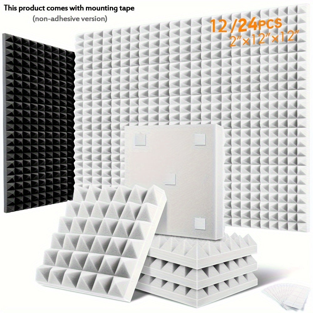12 piezas, 24 piezas - 2 x 12 x 12 pulgadas - Paneles de Espuma Autoadhesivos para Aislamiento Acústico, Paneles Acústicos de Expansión Rápida, Paneles de Pared con Diseño de Pirámide para Absorber el Sonido y Eliminar Ecos