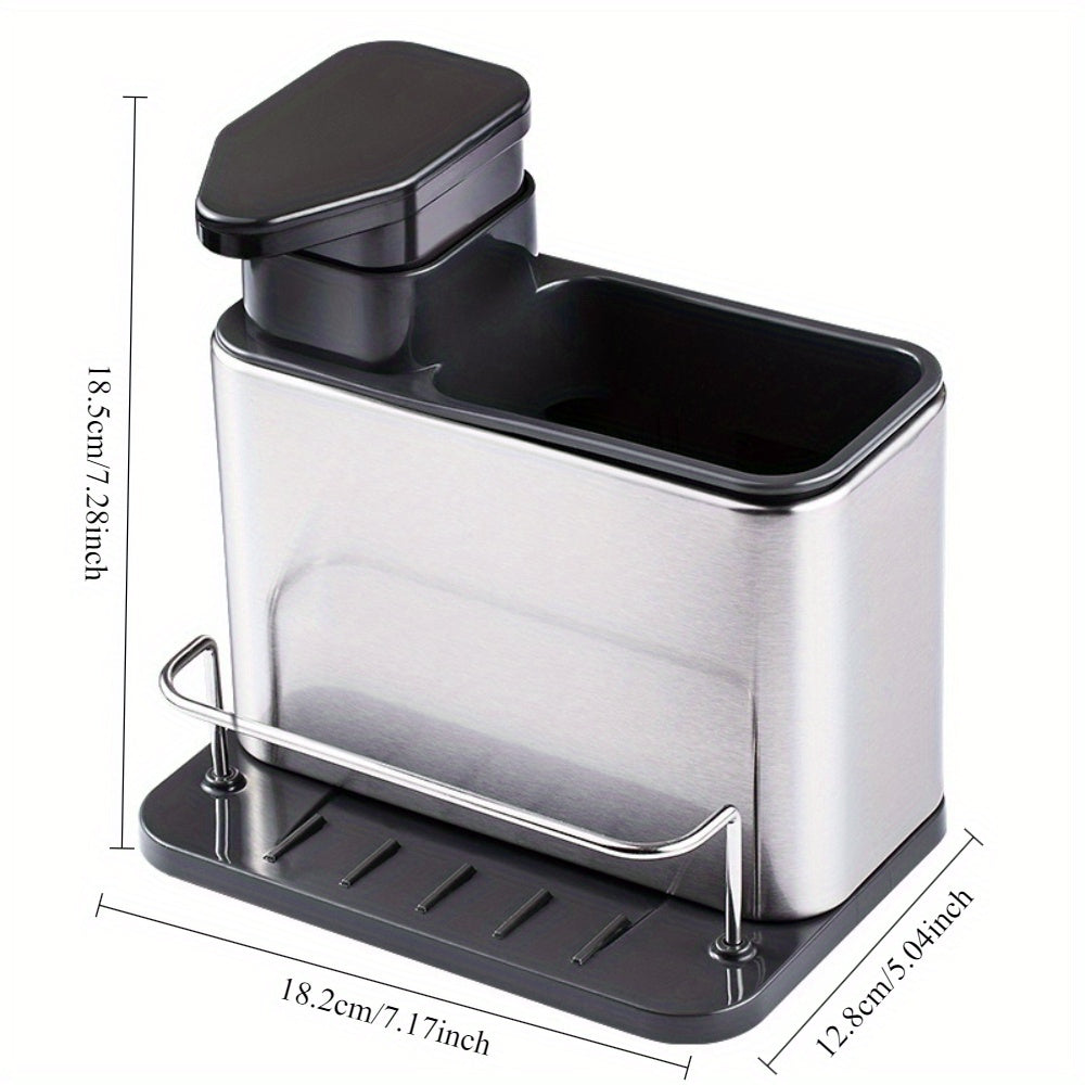 1 pieza, dispensador de jabón para fregadero de cocina de acero inoxidable con soporte para esponja, bandeja organizadora 3 en 1 para líquido de lavado de platos y esponjas, soporte de drenaje, almacenamiento de encimera para cepillos de limpieza y platos