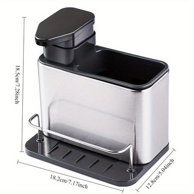 1 pieza, dispensador de jabón para fregadero de cocina de acero inoxidable con soporte para esponja, bandeja organizadora 3 en 1 para líquido de lavado de platos y esponjas, soporte de drenaje, almacenamiento de encimera para cepillos de limpieza y platos